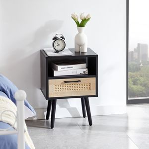 Comodino Moderno Nero da 40 cm con Cassetto e Gambe in Legno Massello, Tavolino Laterale in Rattan per Camera da Letto o Soggiorno - Product Image 1