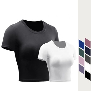 T-shirts d'été à manches courtes pour femmes, col rond, taille haute, crop top, tee-shirt de fitness pour femmes - Product Image 1