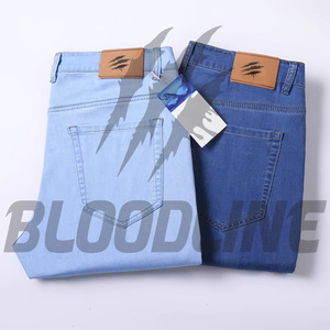 BLOODLINE Jean droit pour homme en denim de coton bleu, décontracté, respirant, style Hip Hop, déchiré, léger, coupe droite, taille mi-haute, idéal pour l'été - Product Image 2