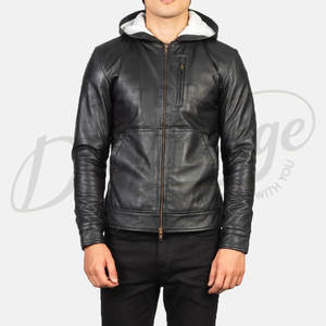 Veste à capuche en cuir véritable noir pour homme avec doublure en fourrure blanche contrastante et poche poitrine zippée, coupe ajustée, style décontracté - Product Image 2
