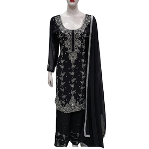 FAMUCAAS Black Hand Embroidered Georgette Indian/Pakistani Women's Dress Set V Neck Long Sleeve Sharara Kameez Dupatta Quick Dry - Product Image 1