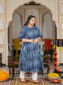 Women's Plus Size Cotton Anarkali Kurti Blue Tie And <b>Dye</b> Printed Round Neck Three Quarter Sleeves Comfortable Wear - Product Image 1