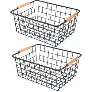 Modern Hand Welded Metal Wire Storage Basket With Wooden Bottom Sturdy Farmhouse Organizer For Kitchen Pantry Closet - Product Image 3