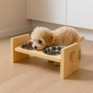 Solid Wood <b>Dog</b> Feeding Bowl Stand Promotional Pet Food Server Wood Pet Feeding Stand with Stainless Steel Bowls - Product Image 4