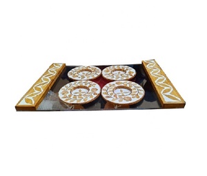Nouveau meilleur vente Style arabe Acacia bois acrylique résine incrustation plateau avec sous-verres plateau fabricants indien décor artisanat - Product Image 2
