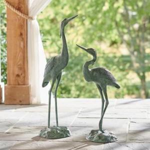 Art et artisanat de jardin, ensemble de 2 statues décoratives de héron, sculpture de héron faite à la main avec finition patine verte, fournitures pour la ferme - Product Image 1