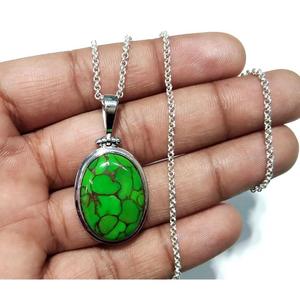 Collar con Colgante Ovalado de Turquesa Verde Natural con Engaste de Bisel, Plata de Ley 925 Sólida, Joyería Hecha a Mano, Certificado KGN - Product Image 2