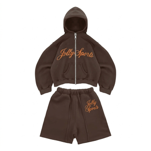 Conjunto de Sudadera con Capucha y Pantalones Cortos de Felpa Marrón para Mujer, 380 GSM, Mezcla de Algodón, Tela Suave, Logotipo Bordado, Diseño Personalizado - Product Image 1
