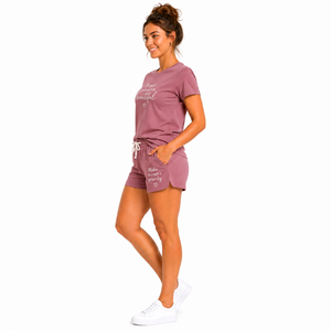 Women's Purple Cotton T-Shirt & Shorts Set With Inspirational Print Breathable Pullover Tops And Drawstring Shorts For Adults - Product Image 2
