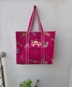 Handcrafted Quilted Cotton Bohemian Tote Bag Zipper Woodland Animal Motifs Striped <b>Straps</b>-Eco-Friendly Shopping Utility Bag - Product Image 1