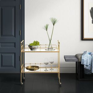 Contemporary Iron Bar <b>Trolley</b> Gold Finish with Tempered Glass Shelves Rolling <b>Serving</b> Cart Home Kitchen Dining Beverage Display - Product Image 5