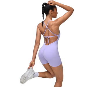 Sexy Spaghetti <b>Strap</b> Yoga Bodysuit Women Seamless Ribbed Knit Biker Short Romper for Dance Workout Gym - Product Image 4