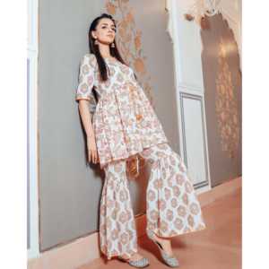 Ensemble haut pour femme en velours côtelé respirant à imprimé blocs de coton, style décontracté, taille XS, manches trois-quarts - Product Image 6