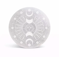 Plaque ronde en sélénite gravée avec 7 chakras et motif Bouddha pour la méditation – Décoration spirituelle et guérison par les cristaux de sélénite naturelle