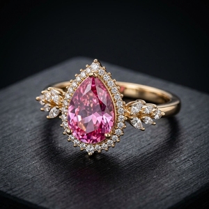 Bague de déclaration rose vif fantaisie, taille poire, double halo, accent de taille marquise, motif feuilles, sertie à griffes, en or jaune, pour fiançailles et mariage - Product Image 1