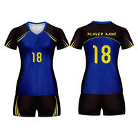 Conjunto de Uniforme de Voleibol para Mujer, Azul, Negro y Amarillo, con Estampado Sublimado, Manga Corta, Absorbente de Humedad, Ajustado