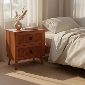 Table d'appoint moderne et écologique à 2 tiroirs en bois de caoutchouc, MDF, placage de chêne et détails en rotin. Table de rangement pour salon/chambre à coucher - Product Image 3