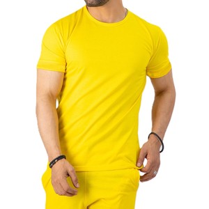 Ensemble deux pièces jaune pour hommes, t-shirt et short décontractés à manches courtes, tenue d'été 100% coton, streetwear - Product Image 3