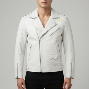 Chaqueta de Moto de Cuero PU Blanca para Hombre, Corte Ajustado, Cuello Camisero, Cierre de Cremallera, Manga Regular, Estilo Otoñal - Product Image 3