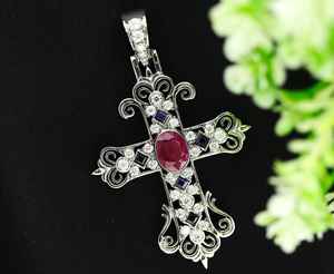 Pendentif Croix Gothique Filigrane en Argent Sterling 925, Design Floral Antique Chrétien Religieux, Moissanite, Plaqué Or 18K, Luxe - Product Image 3