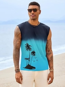 Débardeur sans manches dégradé pour homme, col rond, imprimé décontracté, respirant, en polyester tricoté, motif palmier bleu et noir - Product Image 4