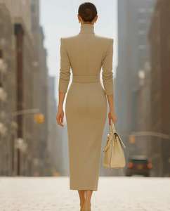 Vestido midi tipo blazer arquitectónico con cinturón y cuello tipo choker integrado, mangas estructuradas de longitud completa - Product Image 1