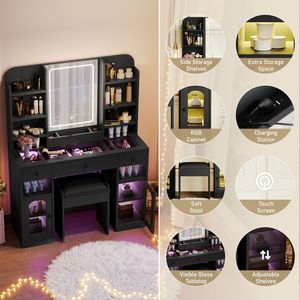 Tocador con Espejo LED de 43.2 Pulgadas, Gabinetes con Luces RGB, Superficie de Vidrio, 3 Cajones, Tocador de Maquillaje de ST - Product Image 5