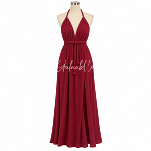Robe longue bordeaux à col licou, décolleté plongeant, ceinture tressée à la taille, tissu fluide et doux, fente latérale, pour l'été, la plage, les soirées et les fêtes - Product Image 1