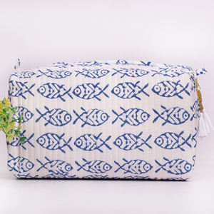 Pochette de maquillage de luxe en coton fait main, style matelassé, grande capacité, écologique, imprimée au bloc, lavable, avec fermeture éclair - Product Image 3