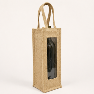 Sac cadeau pour bouteille de vin en jute naturel laminé avec logo personnalisé et fenêtre transparente en PVC, vente en gros, OEM, ODM, fabricant de marques privées - Product Image 6