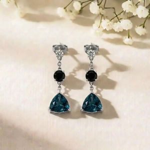 London Blue Topaz Jewelry Deep Blue Trillion Cut & Black Obsidian <b>Earrings</b> Gemstone Stud Dangle <b>Earrings</b> With CZ Accent Handmade - Product Image 3