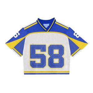 เสื้อเจอร์ซีย์ผู้ชายแขนสั้นคอวีสีฟ้าขาวเหลืองสไตล์สปอร์ตหมายเลข 58 พิมพ์ลายแบบรีดร้อนทรงปกติ - Product Image 1