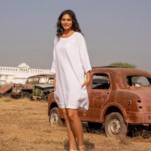 Robe d'été décontractée pour femmes en coton et lin, col rond, manches trois quarts, ample et confortable - Product Image 2