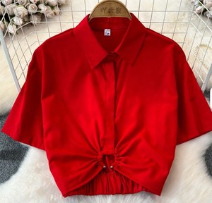 Camisa de Satén Verde de Manga Corta para Mujer con Cuello Camisero y Pliegues Frontales, Blusa Casual de Primavera/Verano - Product Image 4