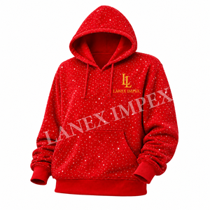 Sweat-shirt à capuche pour homme en molleton rouge avec strass, logo personnalisé, streetwear décontracté, sweat-shirt à manches longues, mode hiver - Product Image 2