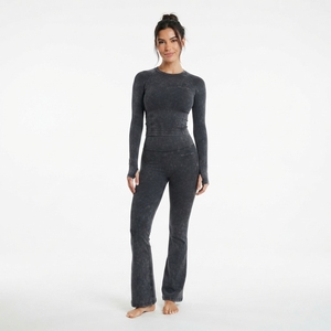 Women <b>Black</b> Acid Wash Long Sleeve Crop Top Flare <b>Leggings</b> Set High Waist Gym Yoga Workout Activewear - Product Image 3
