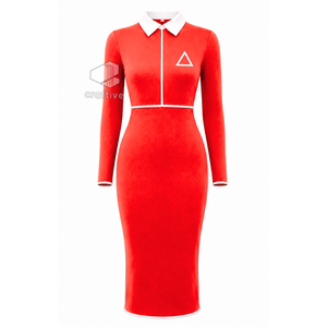 Delta |   Sigma | Robe moulante mi-longue rouge pour femme Theta avec col polo blanc contrastant, fermeture éclair quart de tour, manches longues, robe décontractée ajustée - Product Image 1