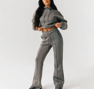 Custom Logo Casual Jogging Women Suit Blank Oversized Cropped Hoodie and Wide Leg Flare Jogger Sweat Pant 2 Piece Women <b>Set</b> - Product Image 3