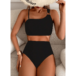 Maillot de bain asymétrique taille haute pour femme avec anneau métallique, ensemble bikini 2 pièces amincissant, tenue de plage - Product Image 1