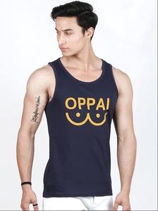 Camiseta sin mangas azul marino estampada para hombre, cuello redondo, informal, de algodón tejido, con diseño de logotipo frontal. - Product Image 1