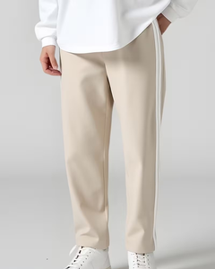 Pantalon de survêtement décontracté pour homme, beige, avec bande latérale, taille élastique, tricoté, respirant, longueur intégrale, poids moyen - Product Image 3