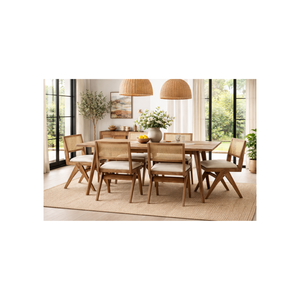 ARTERRA Luxury Modern Teak Wooden <b>Dining</b> Table and Rattan Webbing <b>Chair</b> Set with Cushion for Home - Product Image 3