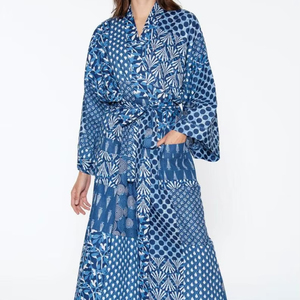Indian Block Print Indigo Cotton <b>Kimono</b> Robe Stylish Bath Beach Cover Up For <b>Women</b> - Product Image 1