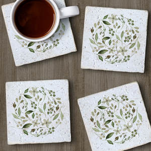 Espejo Decorativo Redondo de Madera de Lujo con Diseño de Corona de Hojas Verdes en Acuarela y Posavasos Absorbentes - Product Image 3