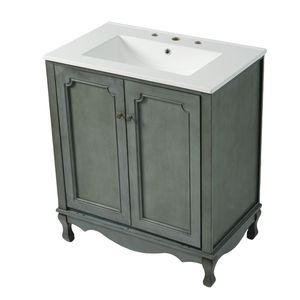 Mobile da Bagno Vintage da 30 Pollici con Lavabo in Ceramica Rettangolare, Maniglie Antiche, 2 Ante, Eleganti Armadietti di Stoccaggio per Bagno in Stile Antico - Product Image 4