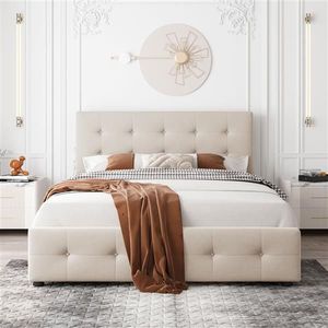 Letto matrimoniale imbottito beige con testiera classica in lino e 4 cassetti in MDF, stile morbido, non richiede rete a molle - Product Image 2