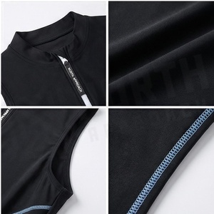 Women's Black Sleeveless One-Piece Swimsuit With Stand Collar Zipper And Contrast Binding Shorts - Product Image 4