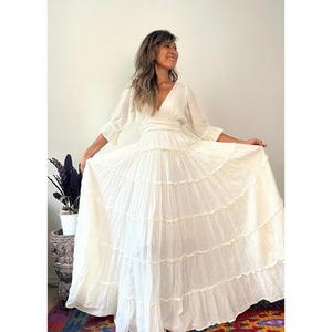Vintage White Eco-Friendly Maxi Dress Women <b>Boho</b> V-neck Shoulder Spaghetti Strap Embroidery Hollow Natural Waist Organic Cotton - Product Image 1