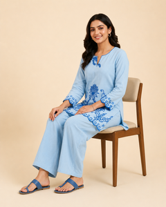 Ensemble Kurta et pantalon en coton brodé pour femme, motif floral bleu, tenue traditionnelle décontractée pour les fêtes - Product Image 4