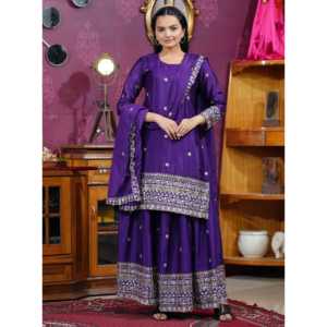 Conjuntos de mujer de diseñador, traje de Chinon Sharara bordado con secuencia de trabajo bordado - Product Image 1